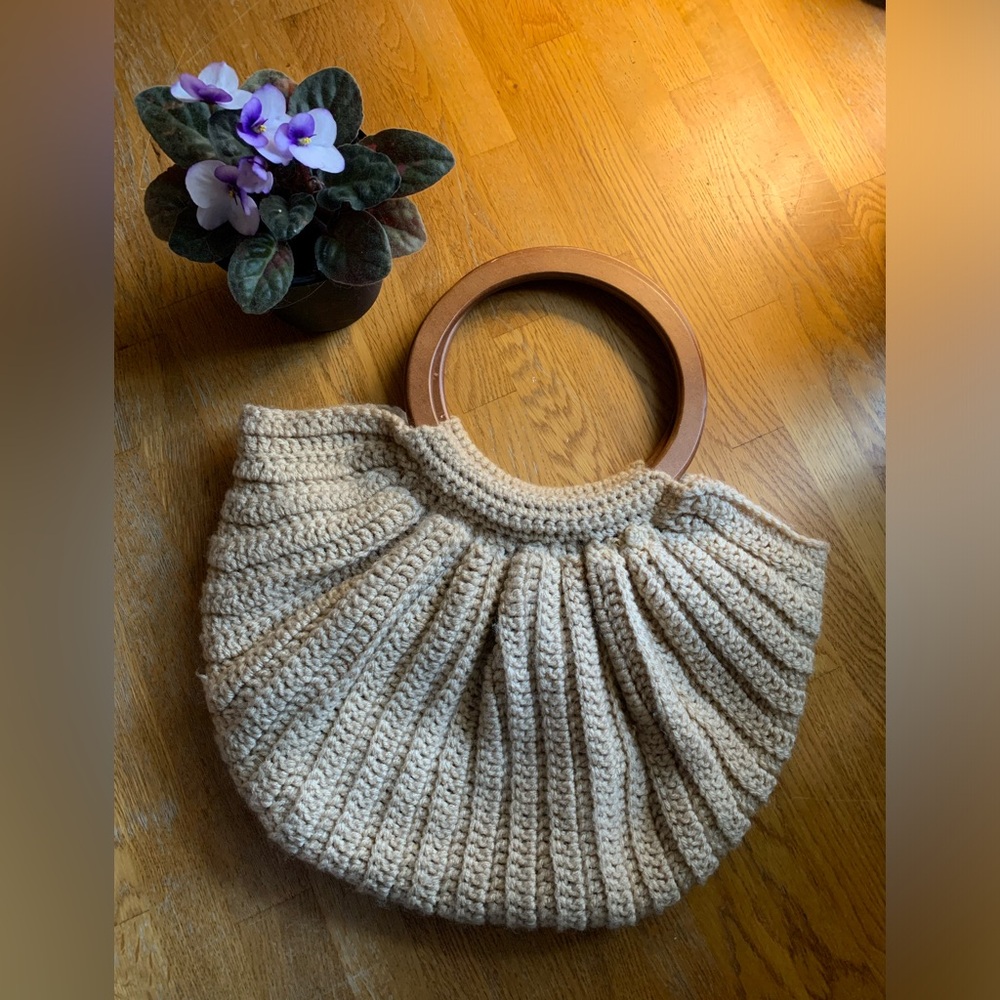 Vintage Boho Handmade Crochet Handbag with Wooden Handles